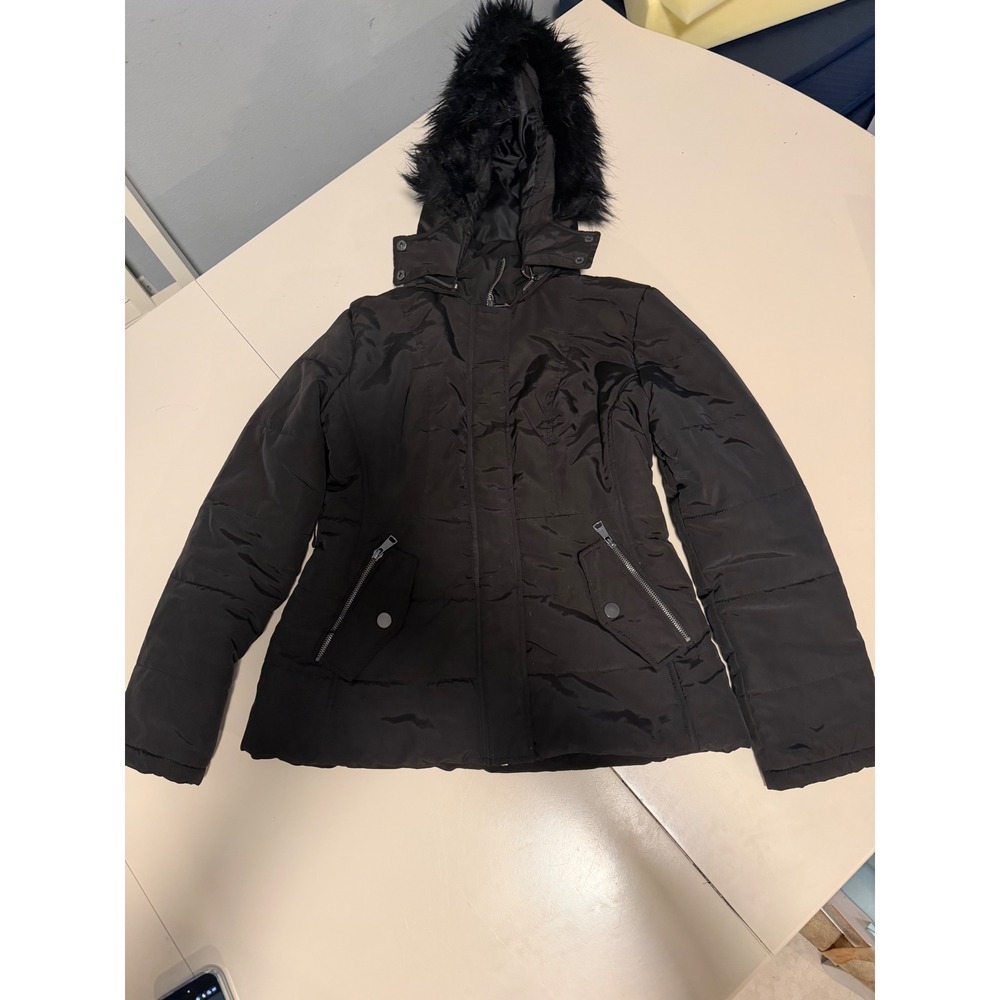 Black Faux Fur Trim Hooded Puffer Jacket Quilted Winter Coat Zip Up Women Small - Picture 2 of 16